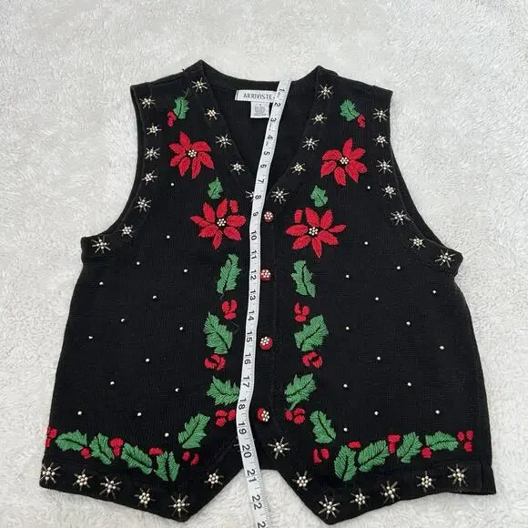 Arrivste Christmas Sweater Vest Women’s Mediu Black Cottagecore Grannycore Holly - Picture 4 of 5